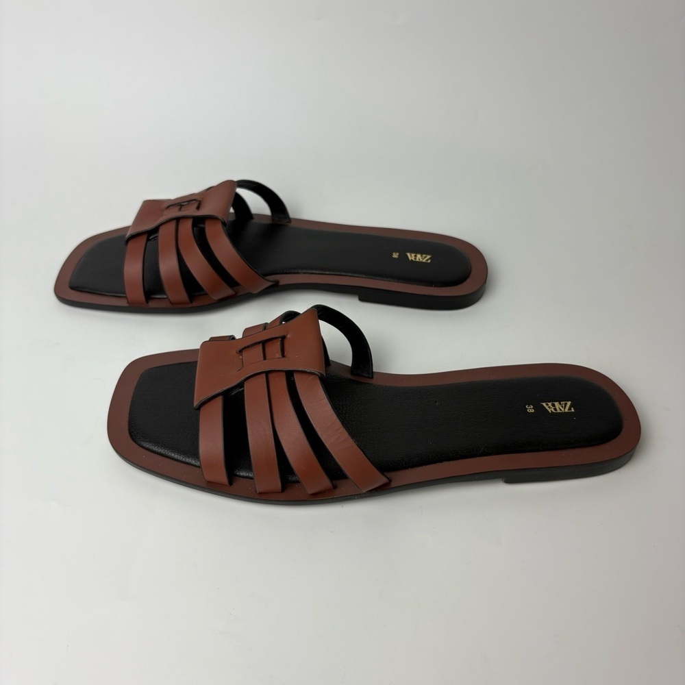 New Zara Leather Fisherman Sandals Brown Size 38 - Picture 3 of 6